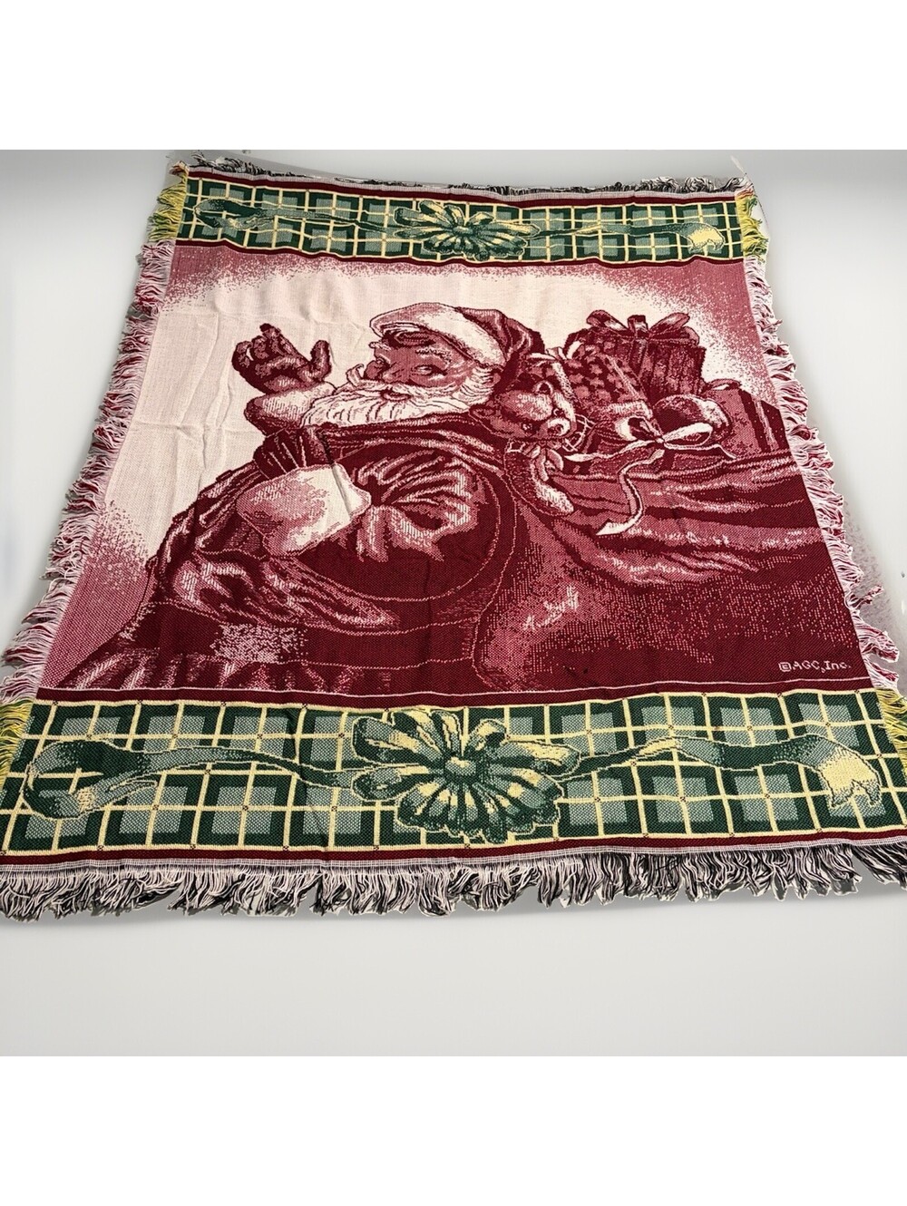 Santa With Toy Bag.  Red & Green Christmas Woven Tapestry Throw Blanket 55”x45”